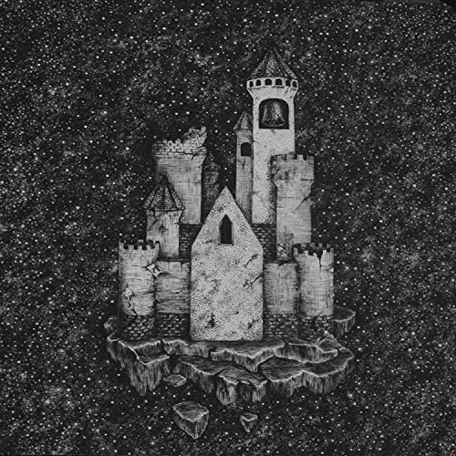 Black and white illustration of a castle on an island, starry background.