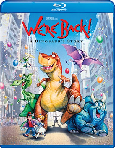 We're Back! A Dinosaur's Story" Blu-ray cover with dinosaurs and a boy.