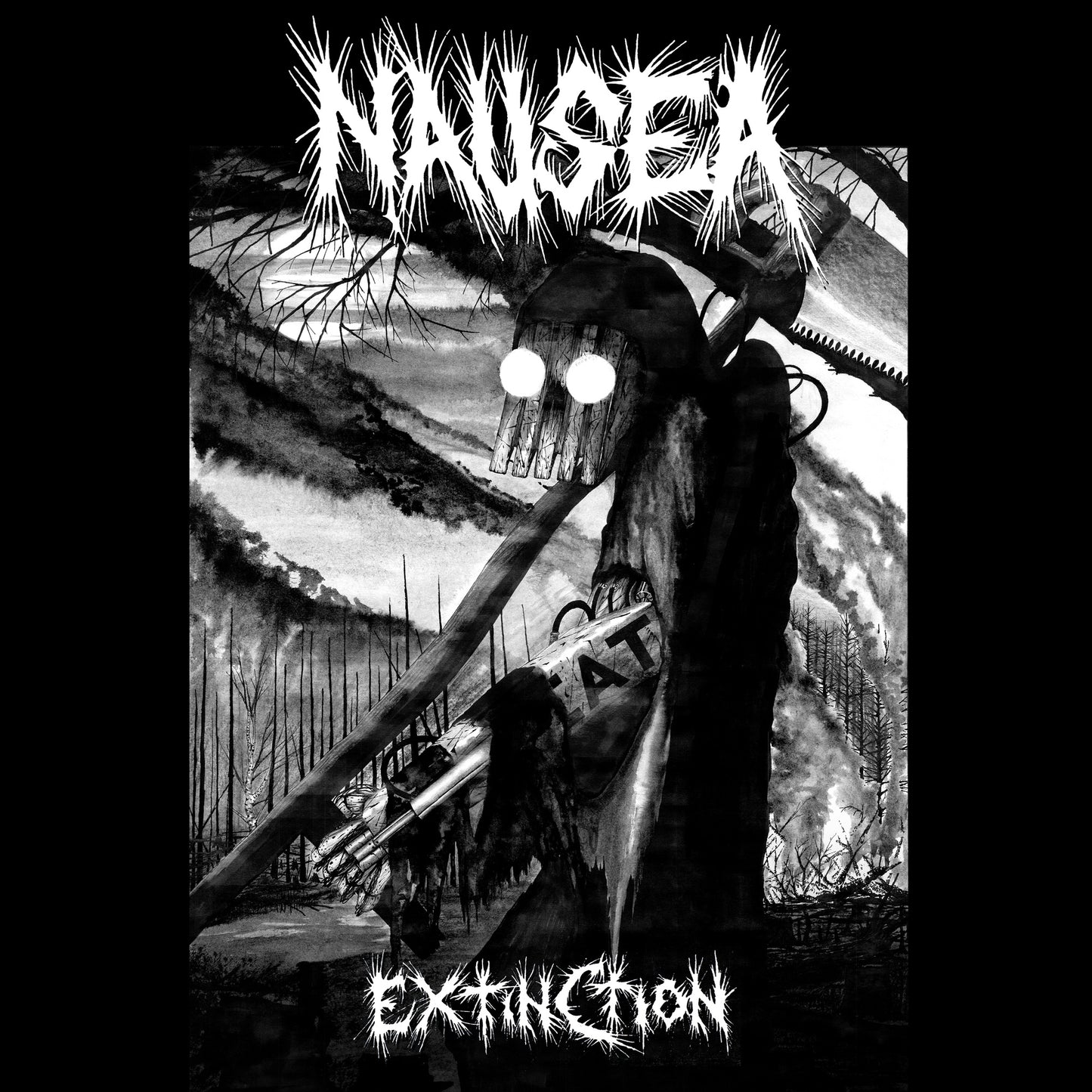 Black and white album cover for Nausea - Extinction, featuring skeletal imagery.