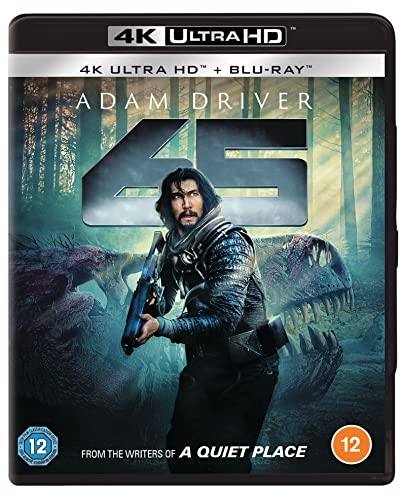 Movie cover for "65" featuring Adam Driver with dinosaur creatures.