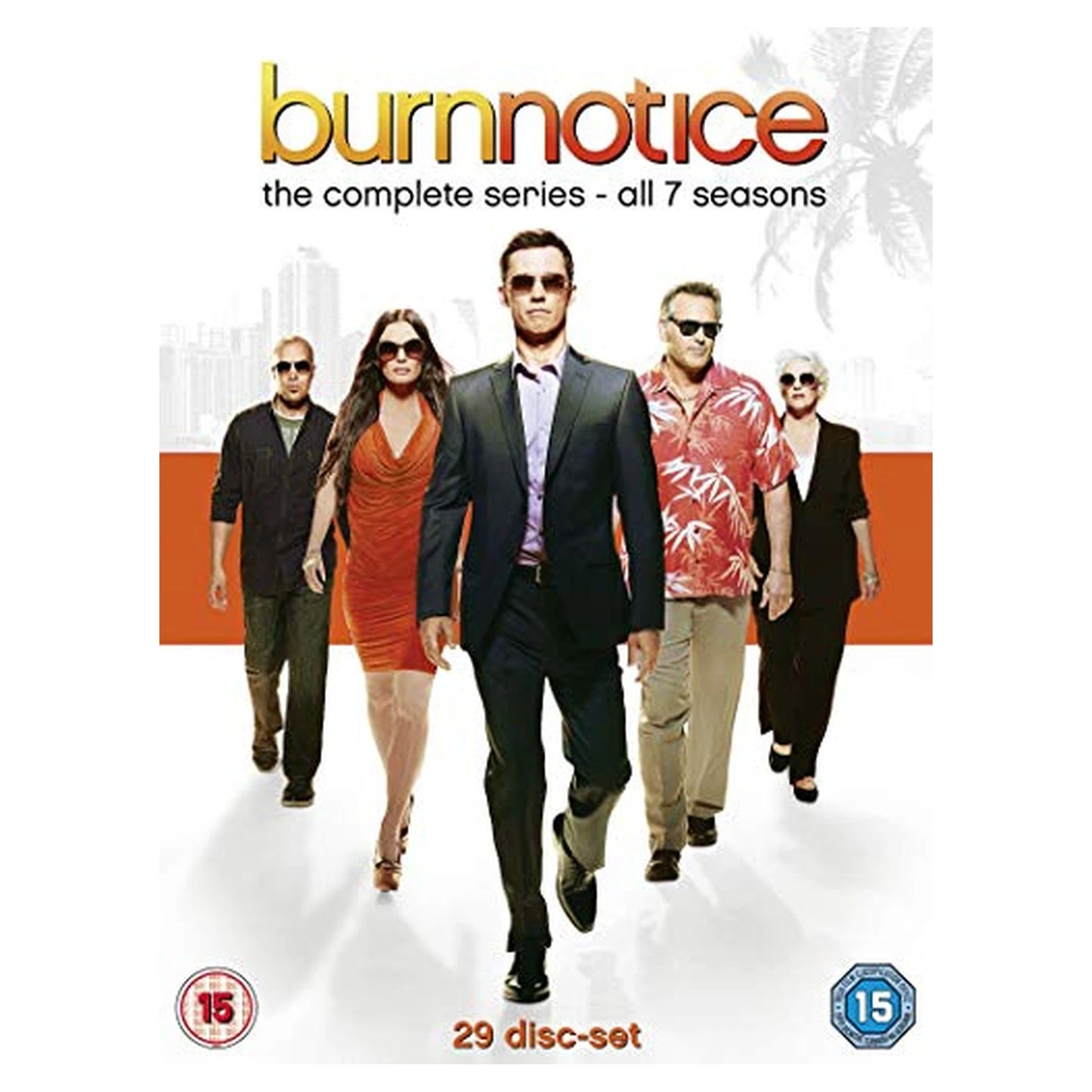 DVD cover of "Burn Notice" with five people walking forward.