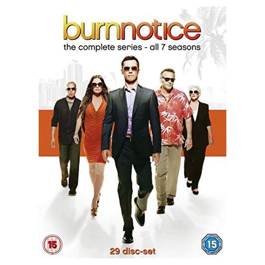 DVD cover of "Burn Notice" with five people walking forward.
