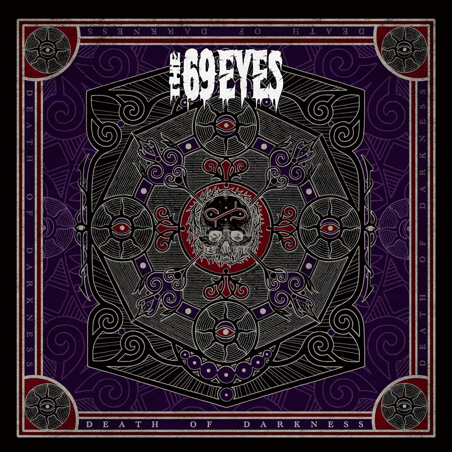 Vinyl album cover for The 69 Eyes’ “Death Of Darkness” with ornate, dark design.