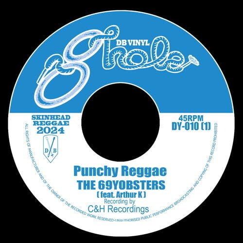 Blue vinyl record label with black center hole and white text.