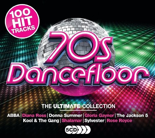 CD cover for “70s Dancefloor” with a disco ball and pink text.