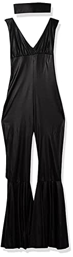 Black sleeveless catsuit with flared legs and a matching black head scarf.