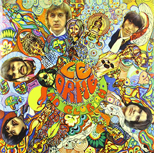 Psychedelic album cover featuring portraits of a band amidst colorful, swirling patterns.