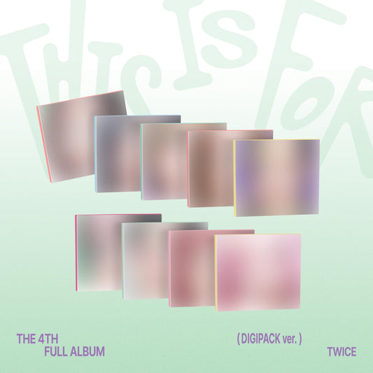 TWICE album cover featuring stacked, colorful translucent cases on green.