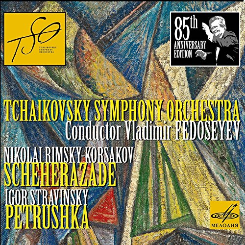 CD cover for Rimsky-Korsakoff & Stravinsky, featuring abstract art and a conductor’s portrait.
