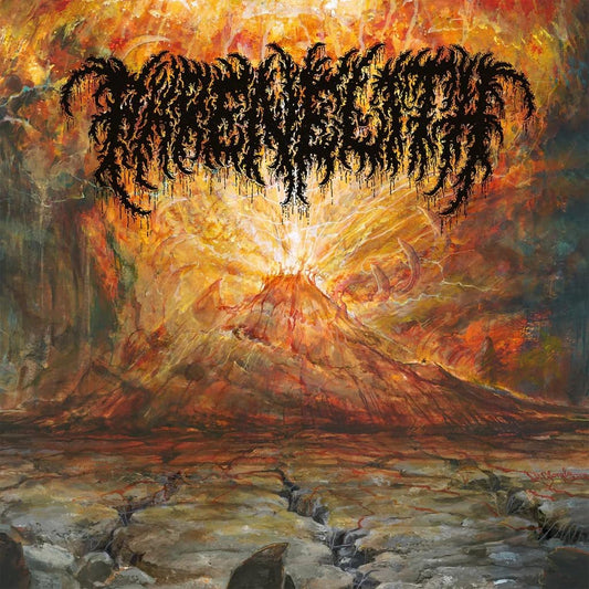 Painted album cover depicting a volcanic eruption with band logo overhead.