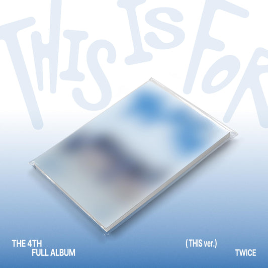 Blue TWICE album cover titled "THIS IS FOR" with text overlay.