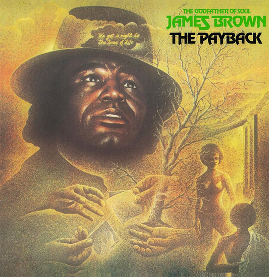 Vinyl record sleeve with James Brown's name and album title, The Payback, on black vinyl.