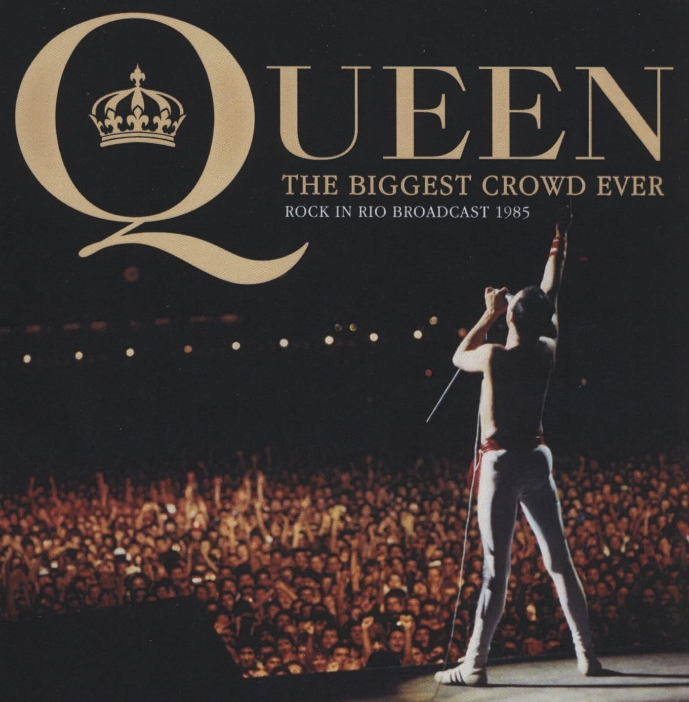 Album cover featuring Freddie Mercury performing before a massive crowd with "QUEEN" text.