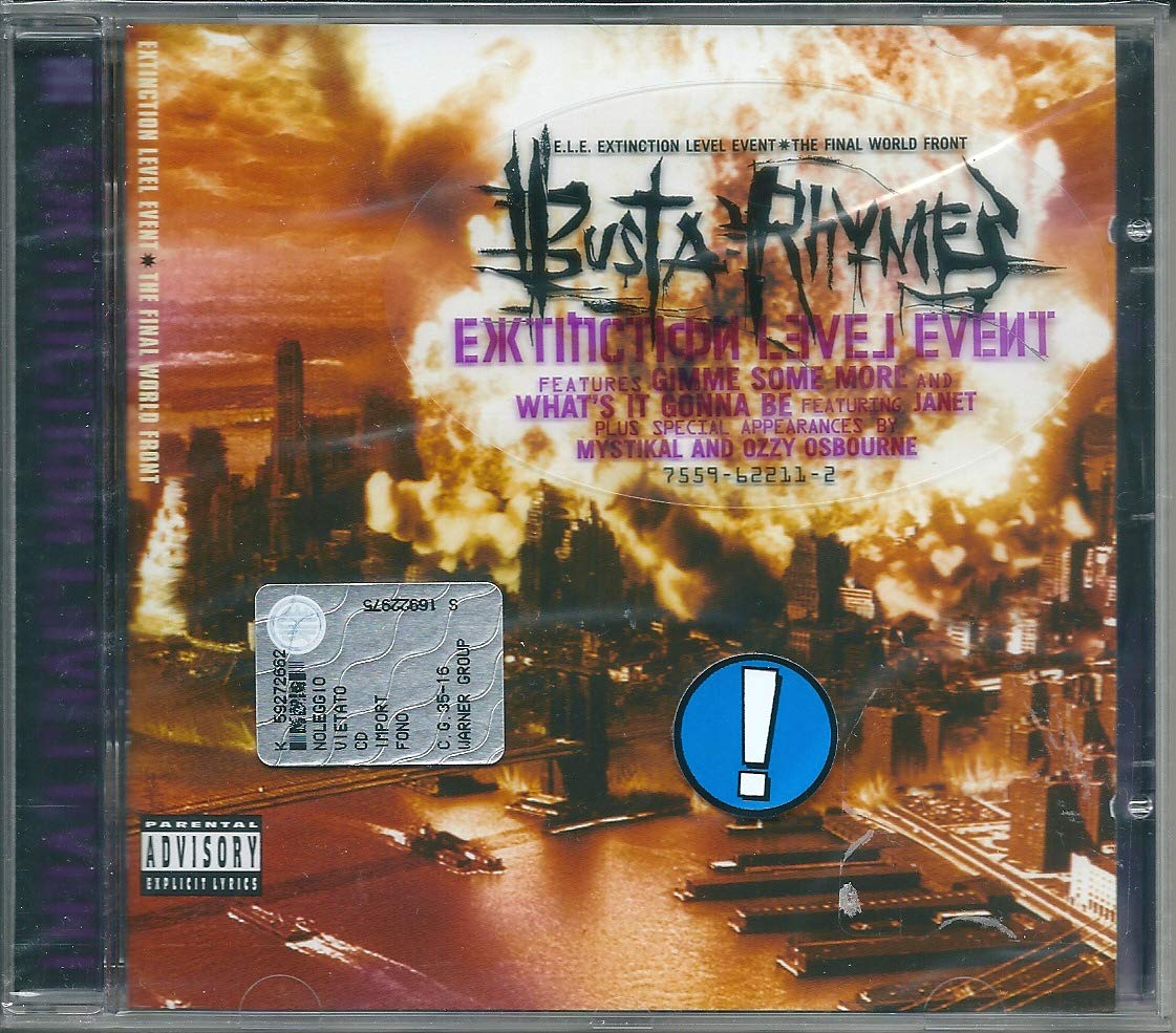Busta Rhymes album cover, “Extinction Level Event,” with fiery, apocalyptic imagery.