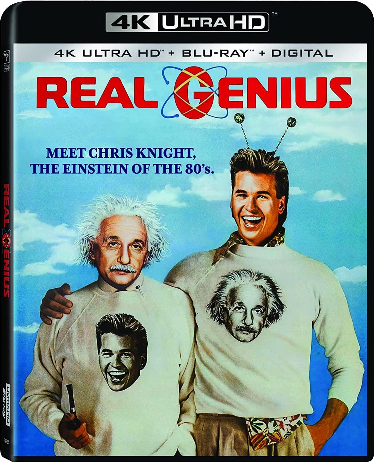 Real Genius" Blu-ray cover featuring Val Kilmer and a composite image of scientists.