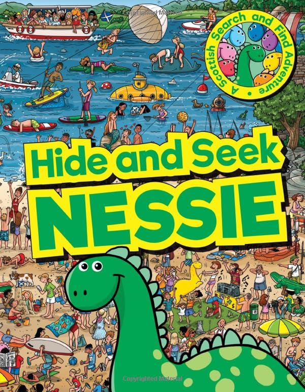 Book cover with cartoon Loch Ness Monster and busy beach scene.
