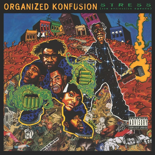 Album cover for Organized Konfusion’s “Stress: The Extinction Agenda” with portraits.