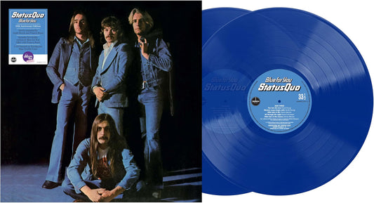 Blue vinyl LP of Status Quo’s “Blue For You” with band image.