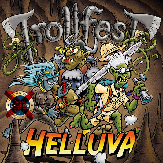Cartoon trolls with weapons and the album title "Helluva" in stone lettering.