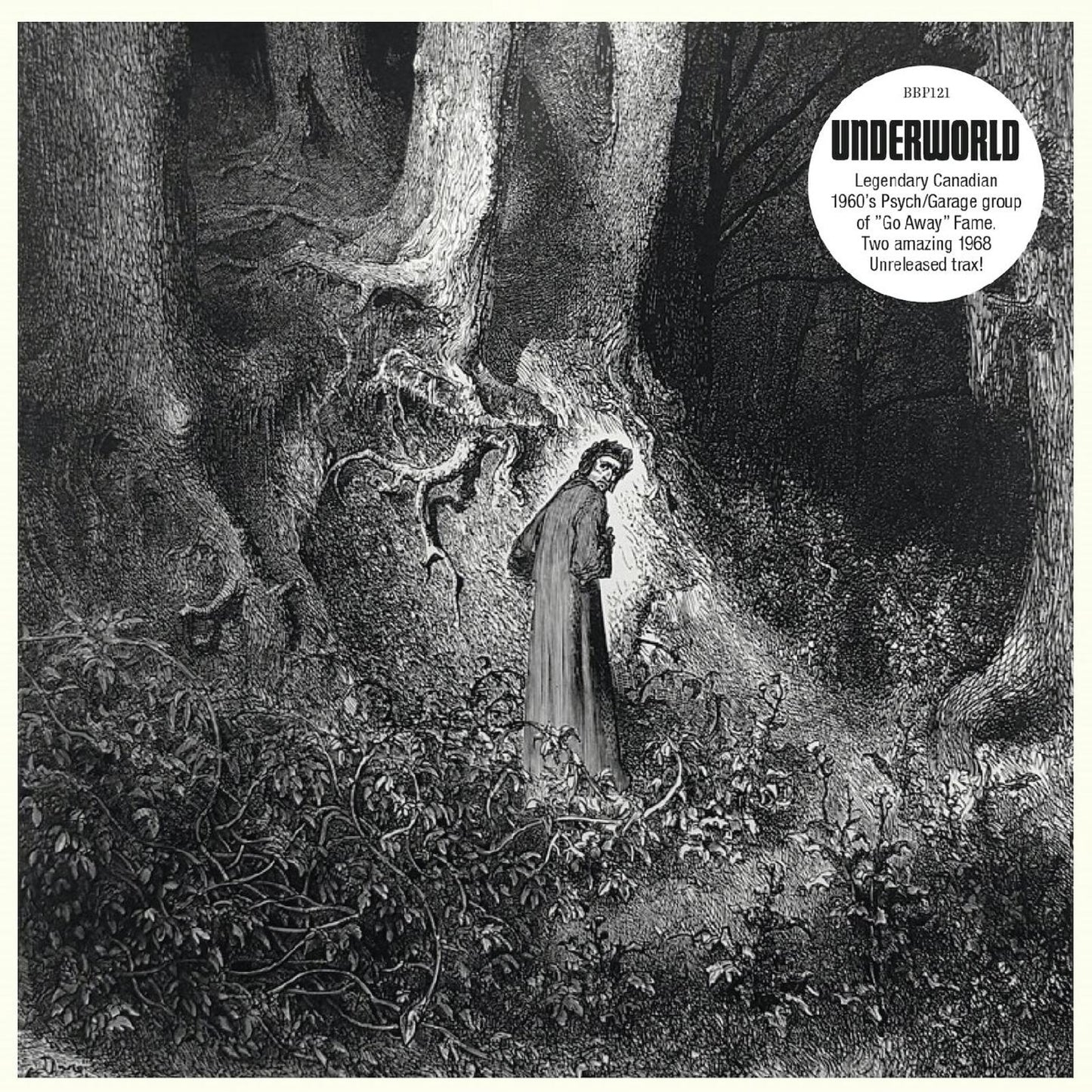 Black and white illustration of a figure in a dark, dense forest.