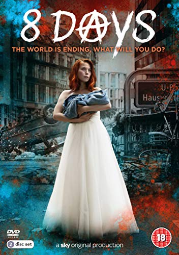 A woman in a white dress holding a baby stands in a ruined city.