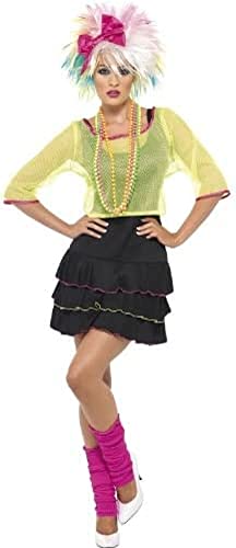 Woman in 1980s-style costume with bright colors, headband, and leg warmers.