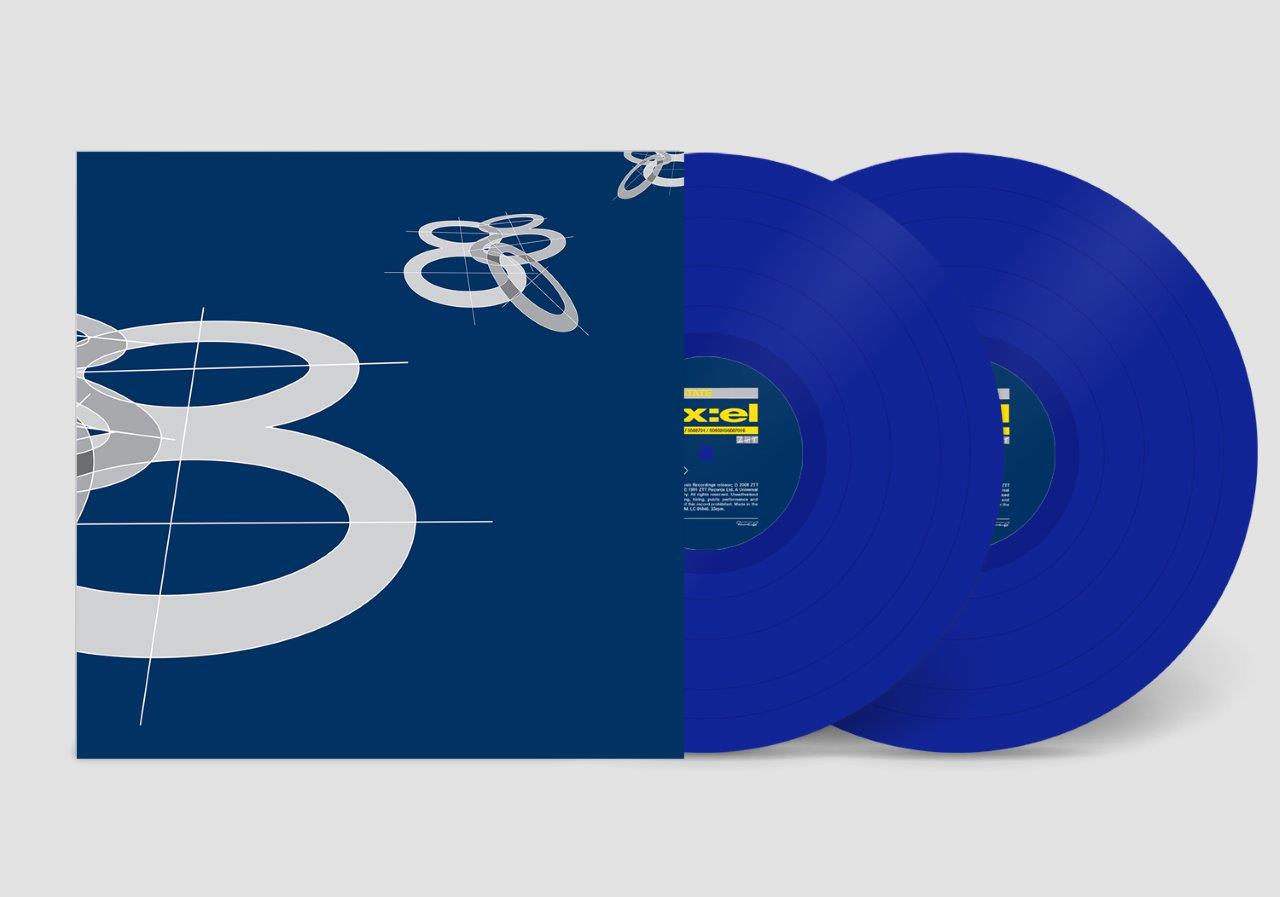 Two blue vinyl records next to a blue album cover with white geometric graphics.