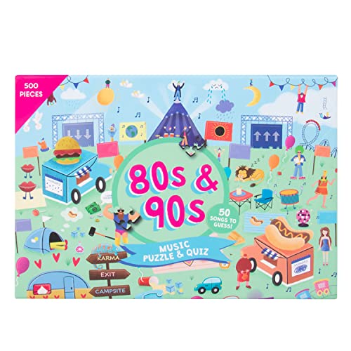 Colorful jigsaw puzzle box with 80s & 90s music theme and illustrations.