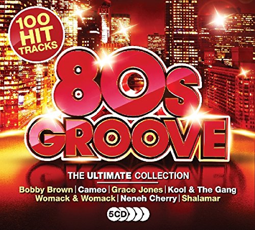 CD cover for “80s Groove” with red title text and city skyline background.