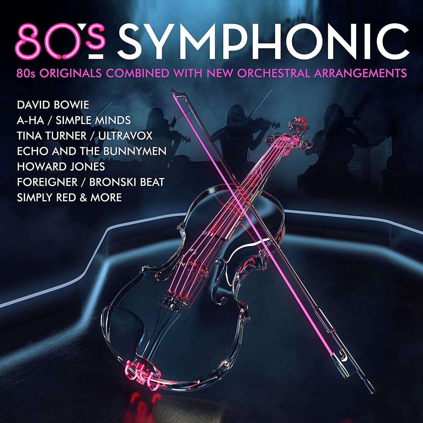 "CD cover with violin and orchestra silhouettes, 80s Symphonic title and artist list."