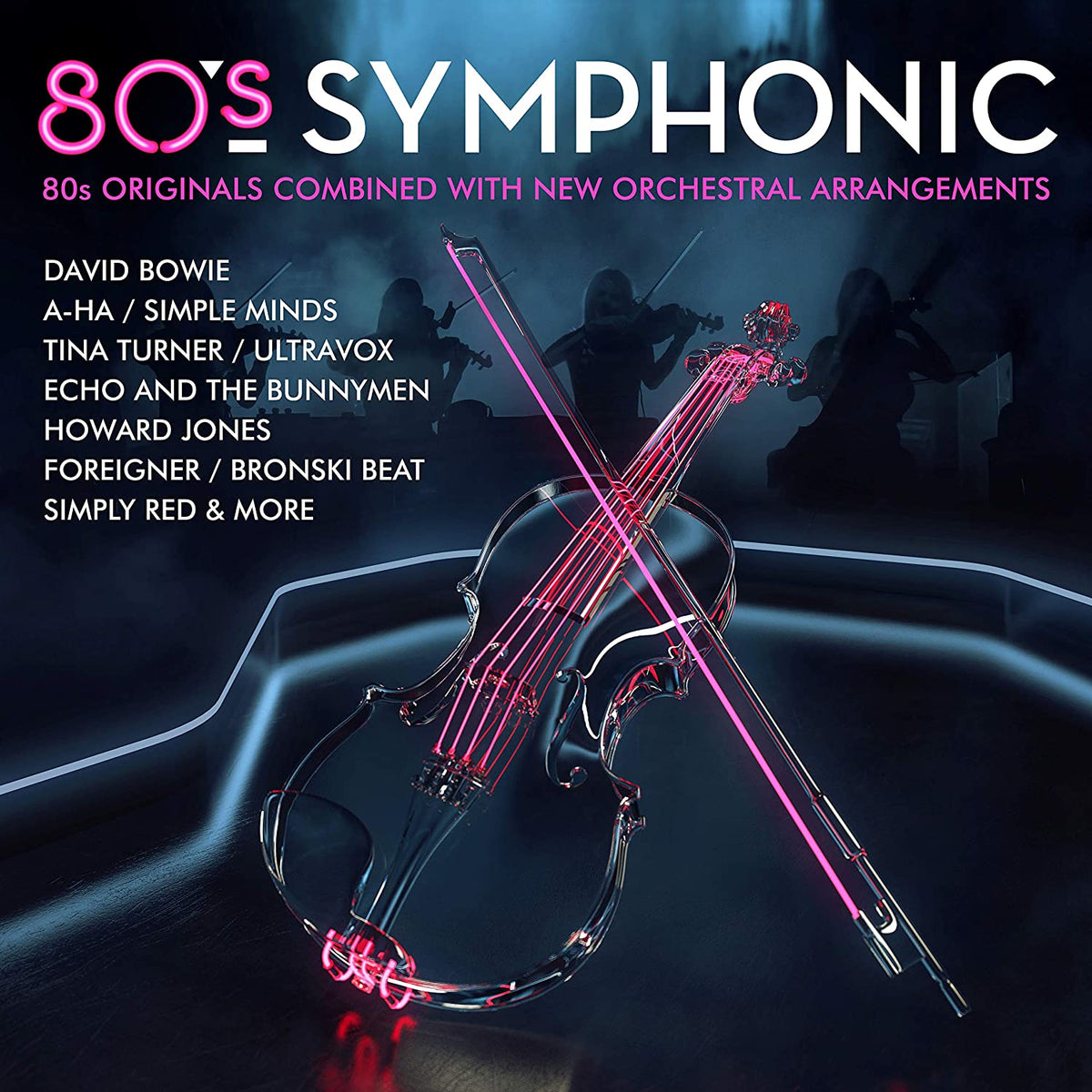 "CD cover with violin and orchestra silhouettes, 80s Symphonic title and artist list."
