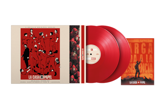 Red vinyl record for "La Casa de Papel" (Money Heist) soundtrack, with character art.