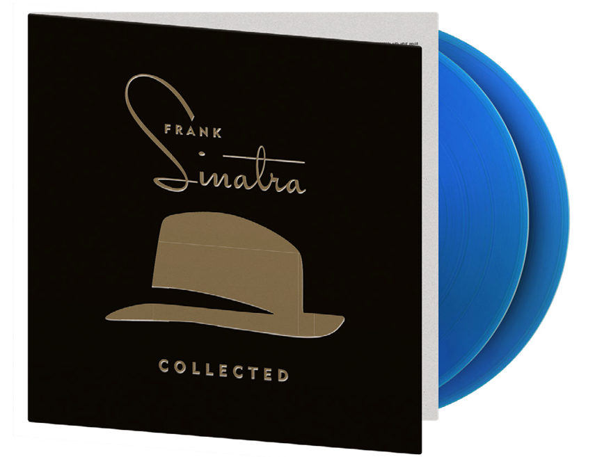 Black vinyl cover with gold hat illustration, titled "Frank Sinatra - Collected," blue records inside.