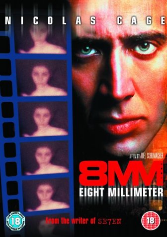 DVD cover for 8MM featuring a close-up of Nicolas Cage and film strip imagery.