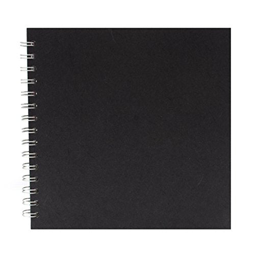 Black spiral-bound notebook with textured paper, closed view.