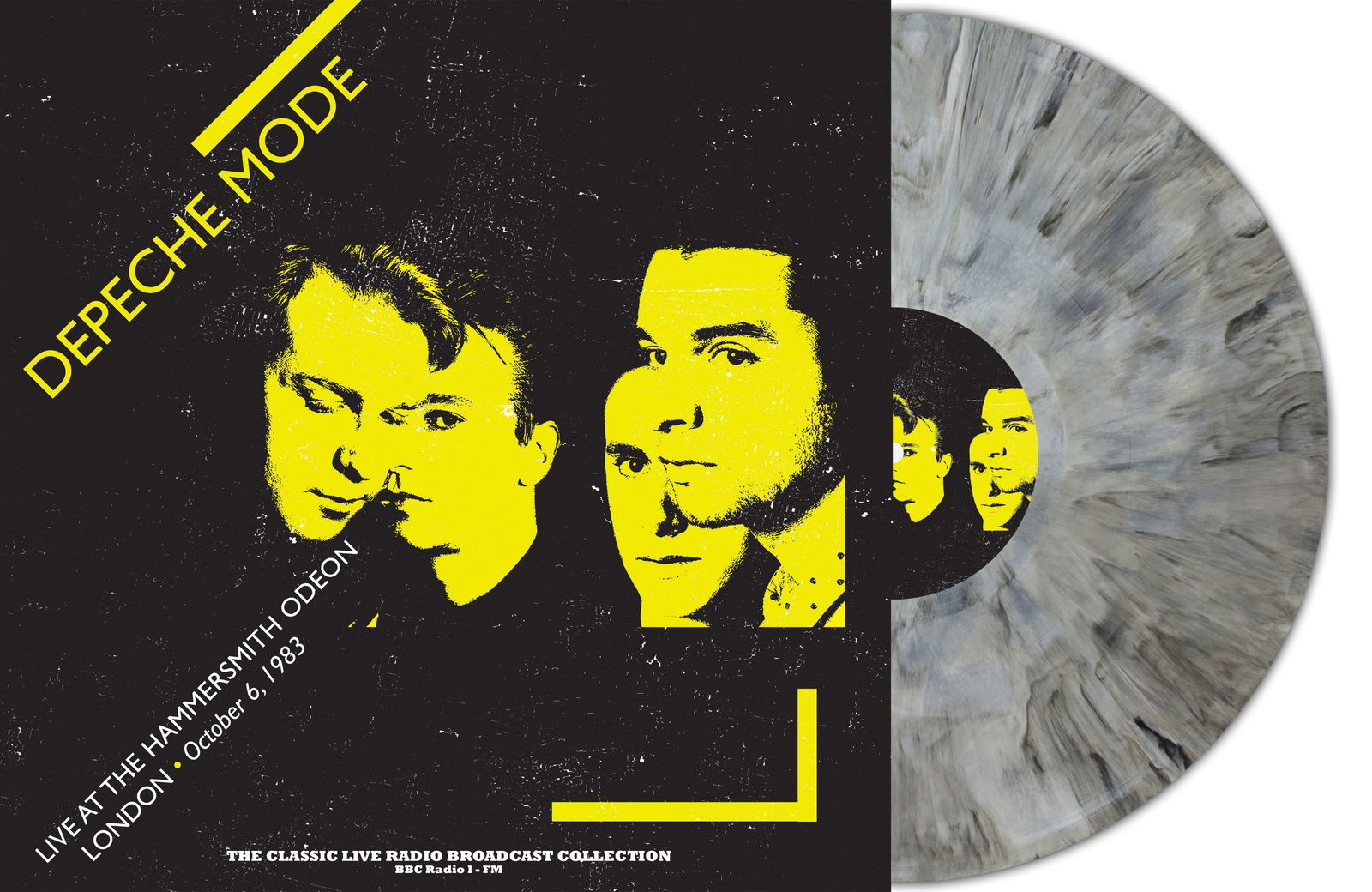 Depeche Mode vinyl record cover with band portraits and grey marble effect.
