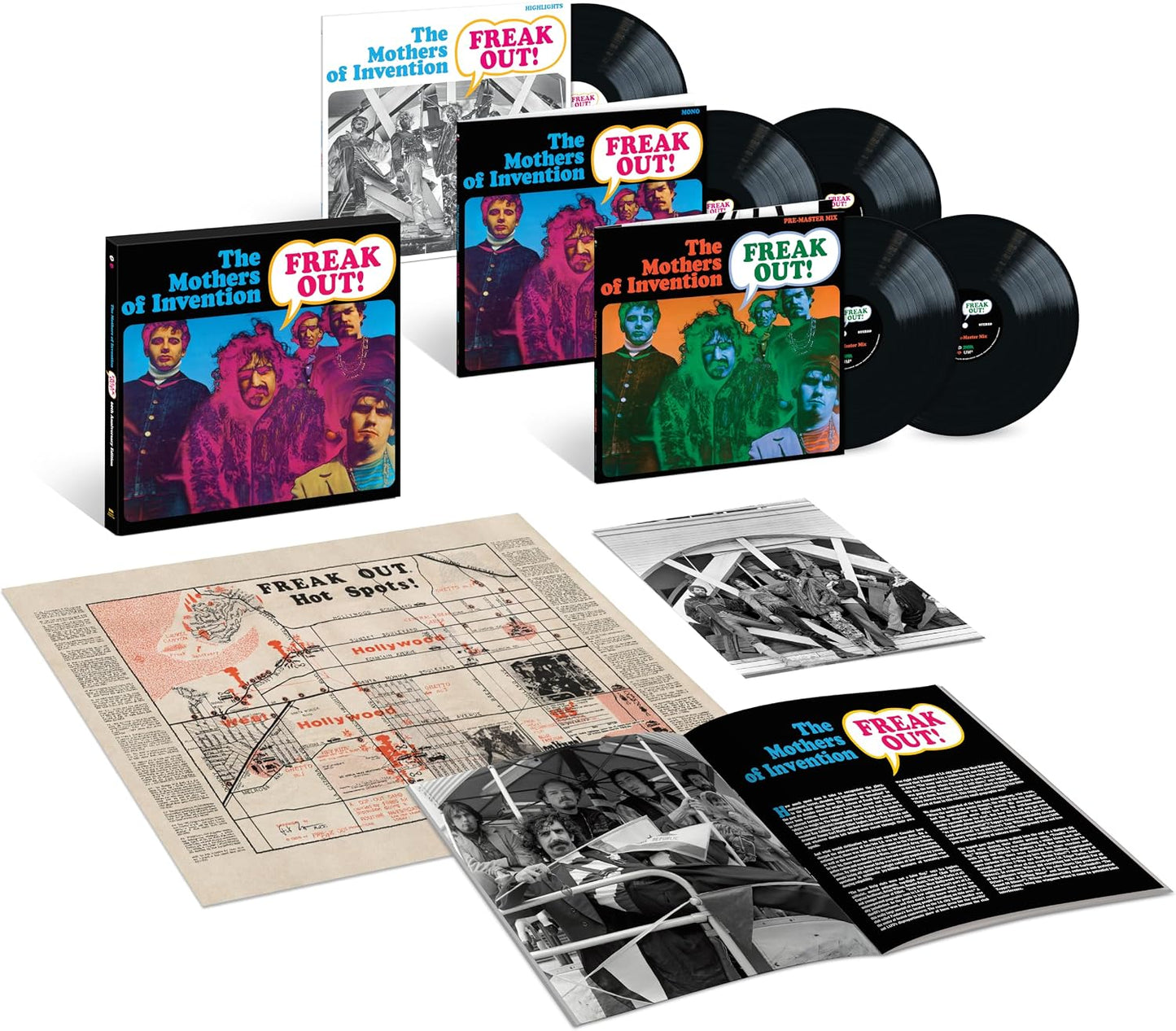 Frank Zappa’s “Freak Out!” 60th anniversary vinyl box set with records and inserts.