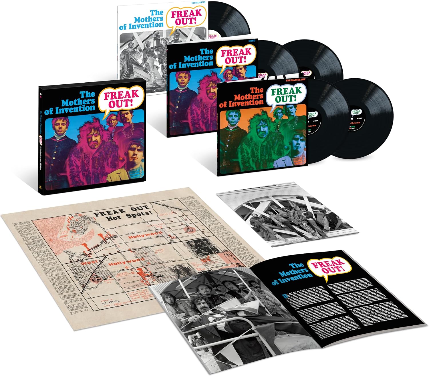 Frank Zappa’s “Freak Out!” 60th anniversary vinyl box set with records and inserts.