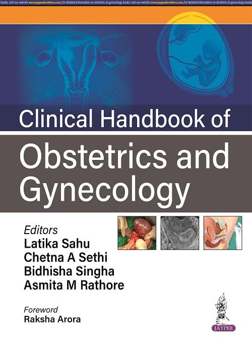 Book cover: “Clinical Handbook of Obstetrics and Gynecology” with anatomical illustrations.