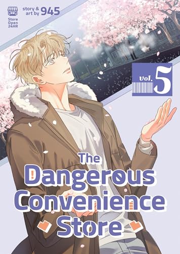 Manga cover: young man with falling cherry blossoms, title “The Dangerous Convenience Store Vol. 5”.