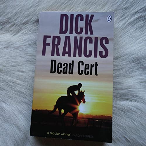 Book cover for Dead Cert by Dick Francis featuring a jockey on a horse.