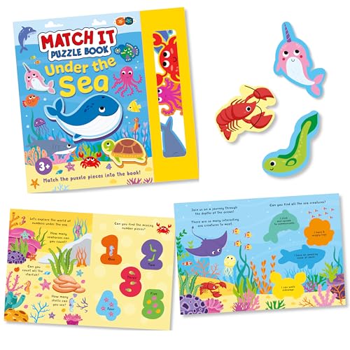 Children's puzzle book with colorful sea creatures and matching wooden pieces.