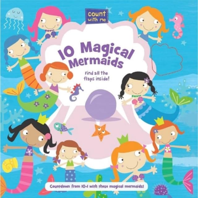 Children’s book cover with colorful illustrations of ten mermaids and sea life.