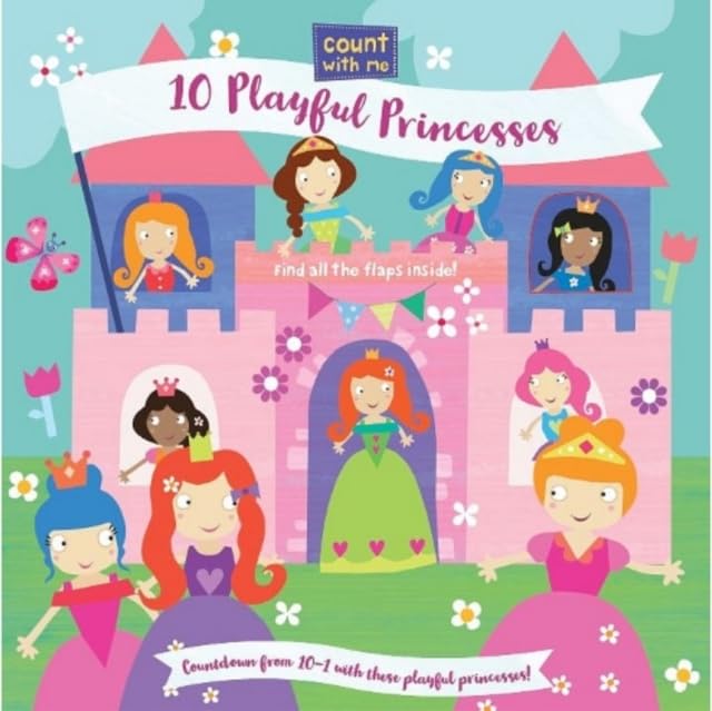 Colorful children’s book cover featuring illustrated princesses and a castle.