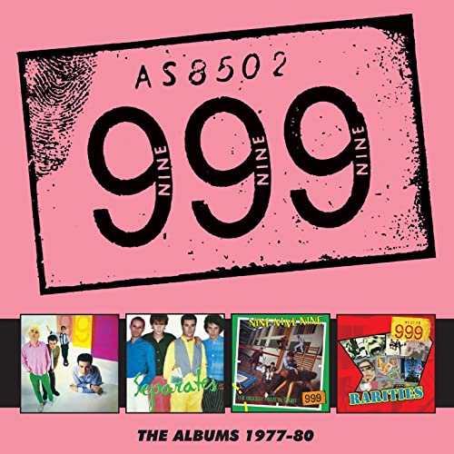 Pink box set cover featuring the band name 999 and four album cover thumbnails.
