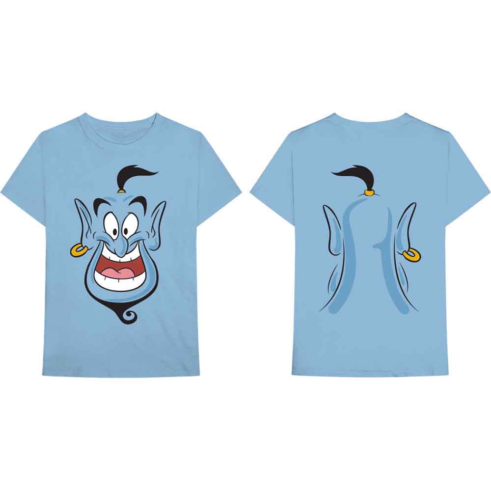 Light blue t-shirt with cartoon Genie from Aladdin graphic, front and back.