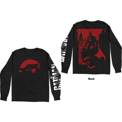 DC Comics Unisex Long Sleeve T-Shirt: The Batman Red Car & Figure (Back & Sleeve Print)