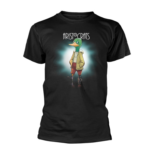 Black t-shirt with illustration of a duck in a jacket.