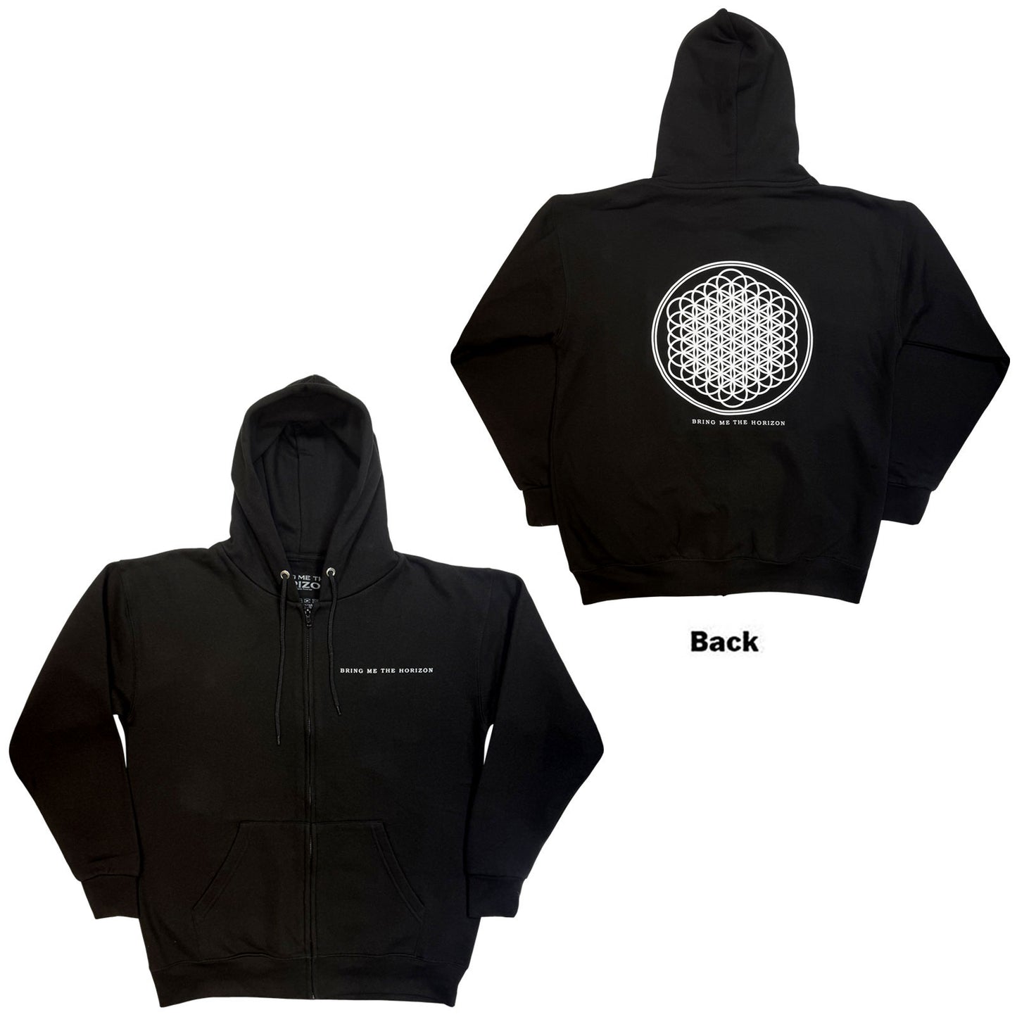 Black zip-up hoodie with white Flower of Life design, front and back.