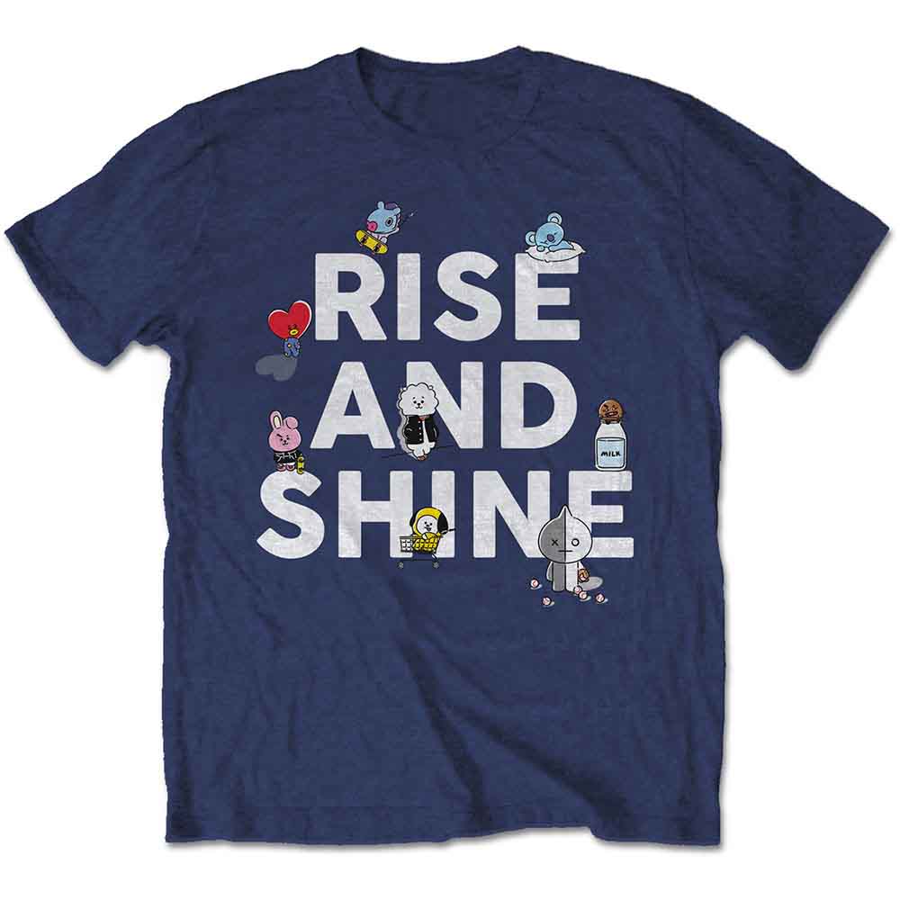 Navy blue t-shirt with "RISE AND SHINE" and BT21 character graphics.